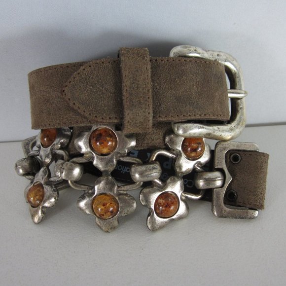 Express Belt Womens Small Brown Brown Suede Leather Orange Beaded Belt Italy - Picture 3 of 10